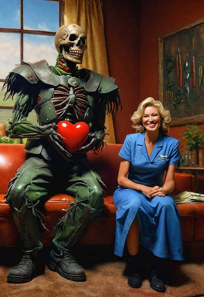 Smiling female doctor consulting on couch an enormous scarecrow with heart #CVD #CVDawareness #HeartFailure #HeartDisease #HealthyHeart #WeightLoss