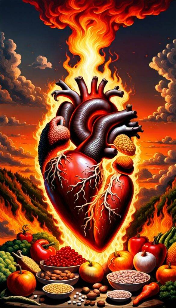flaming human-sized biologically accurate human heart vegetables, nuts, grains cereals, fruits #CVD #CVDawareness #HeartFailure #HeartDisease #HealthyHeart #WeightLoss